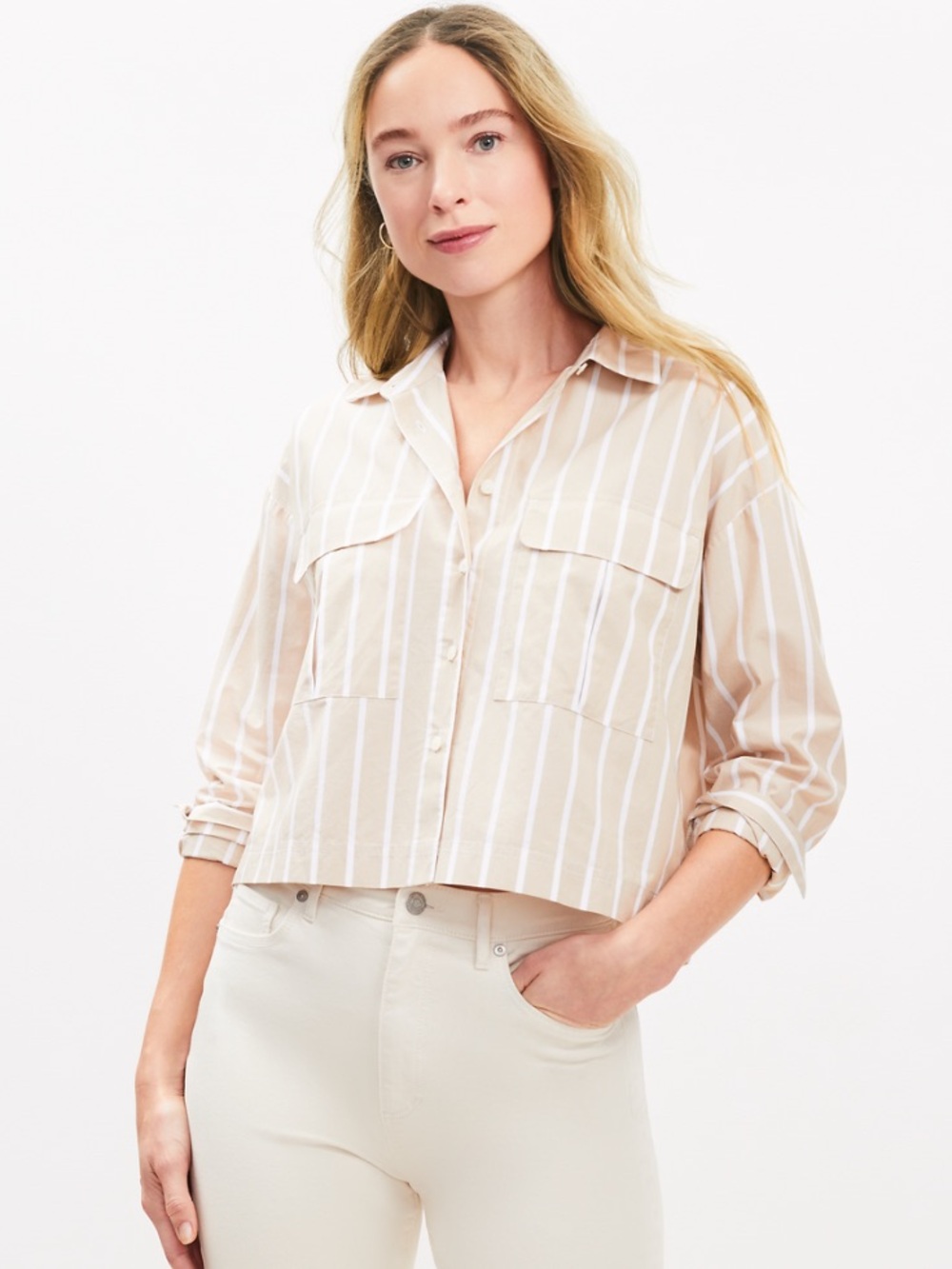 Loft Striped Button-Front Crop Shirt - Beige/White